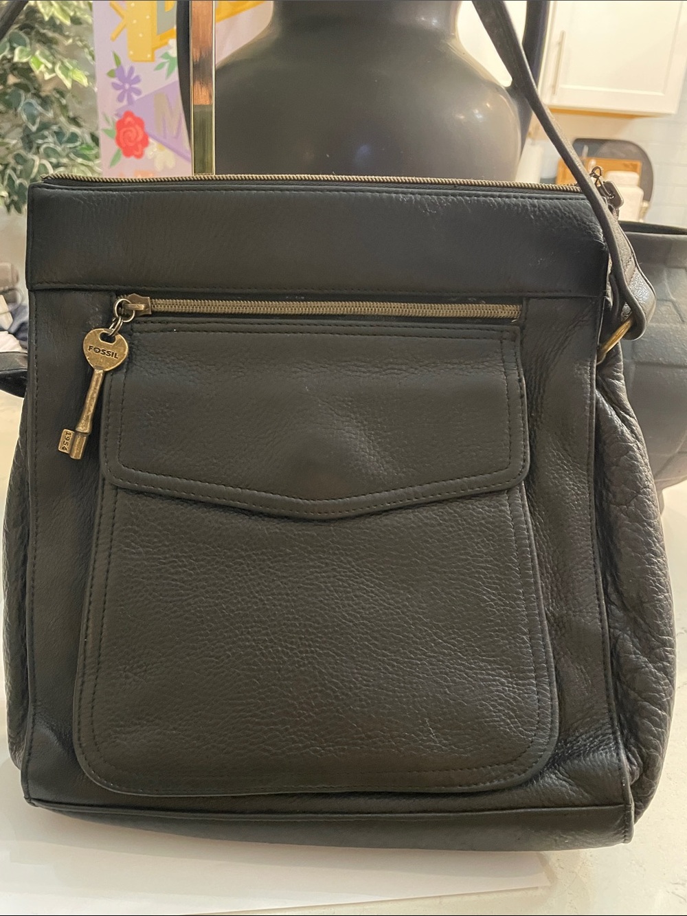 Vintage 1954 Fossil Black Pebble Leather Crossbody Bag